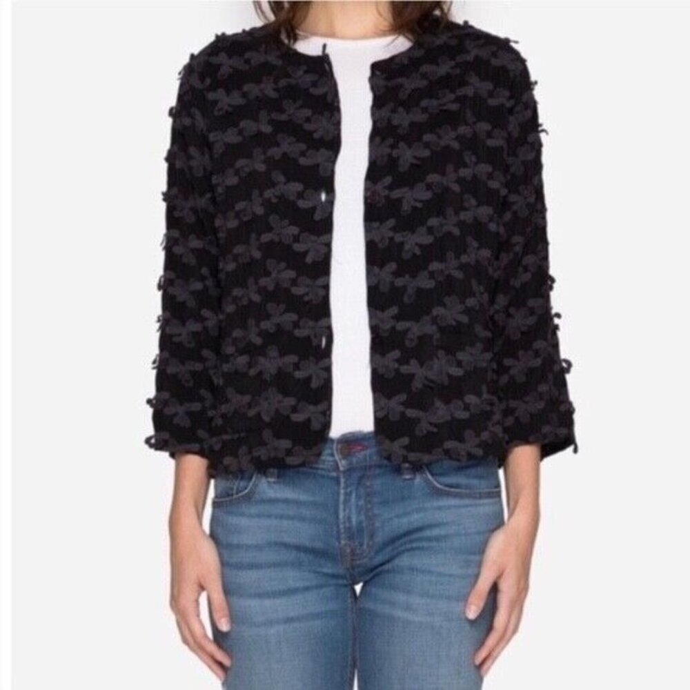 Johnny Was Size XS Black Floral Appliqué Coco Jacket Cropped Cardigan GUC